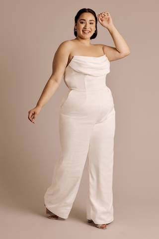 View DB Studio Strapless Satin Jumpsuit with Illusion Back in all available color and sizes Picture of Strapless Satin Jumpsuit with Illusion Back
